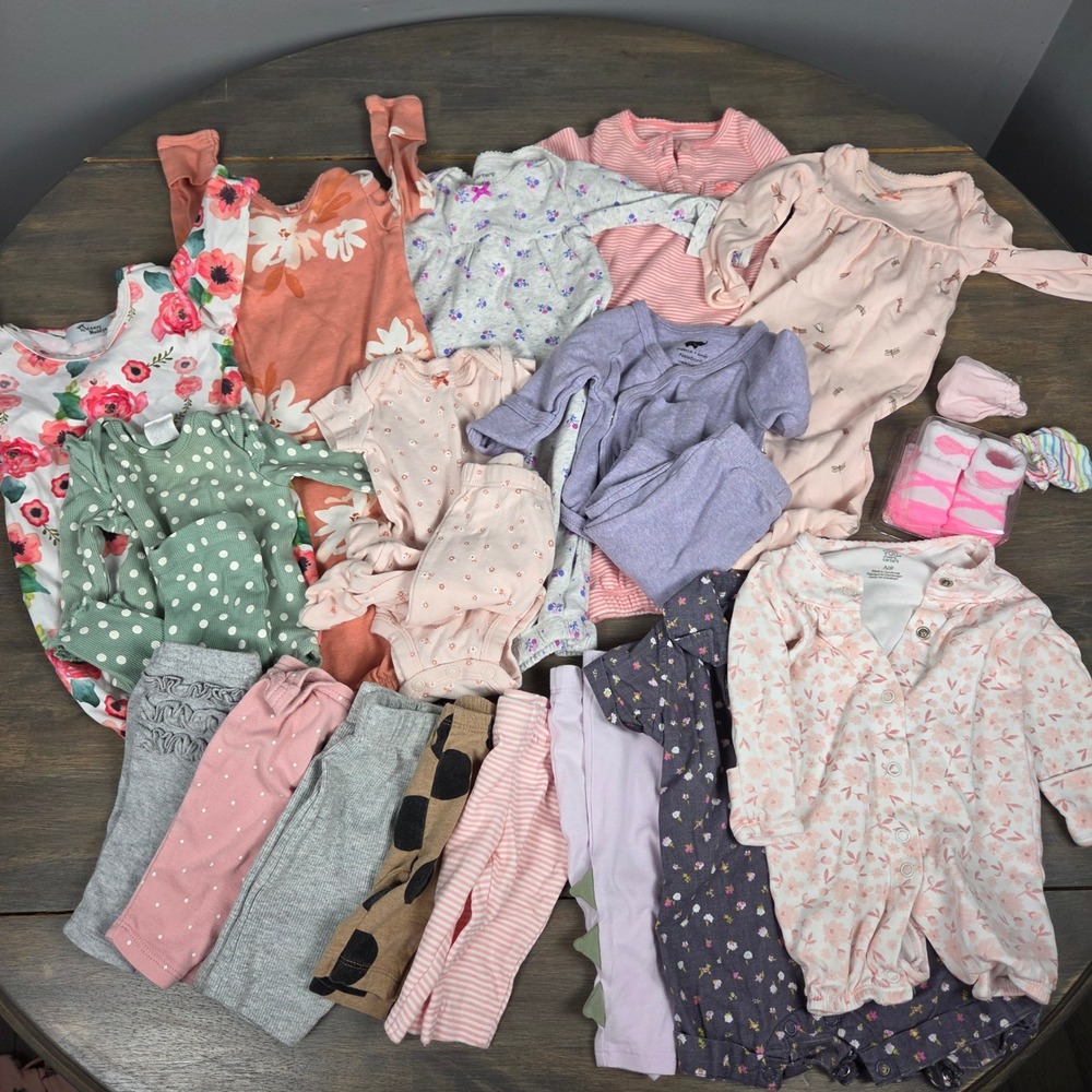Carter's Baby Girl Newborn Clothes Lot 19 Garments 3 Accessory Pairs Floral Pink